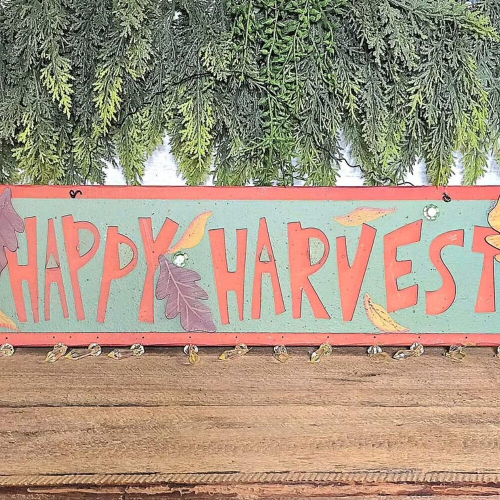 Primitive Happy Harvest Beaded Jewel Wall Hanging Fall Sign Farmhouse Decor